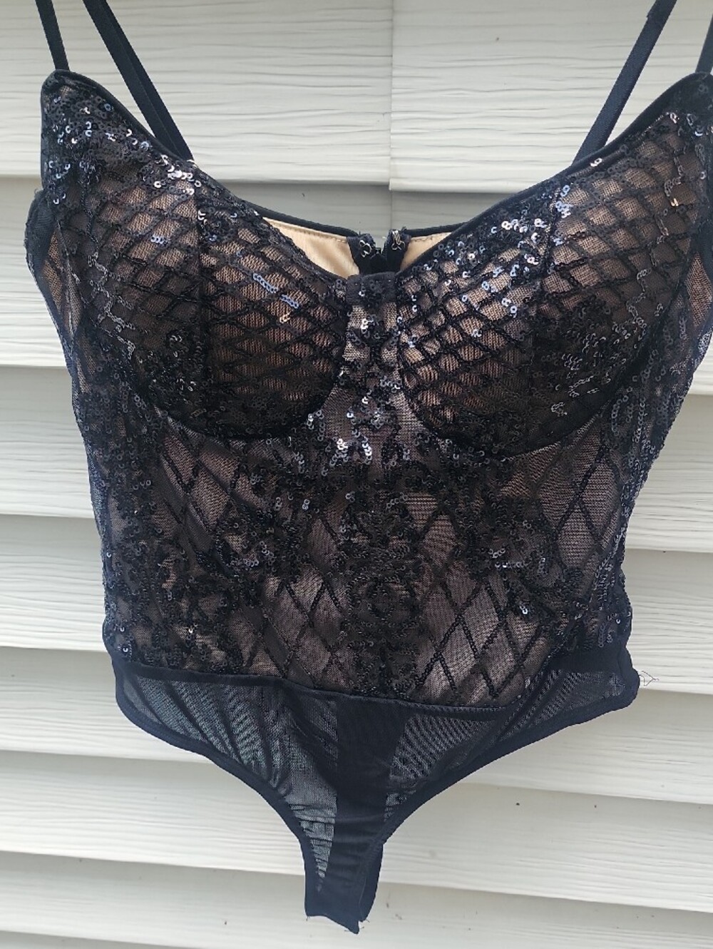 Lulu's Black and Nude Sequin Contrast Lined Bodysuit, Snap Closure - Picture 7 of 10